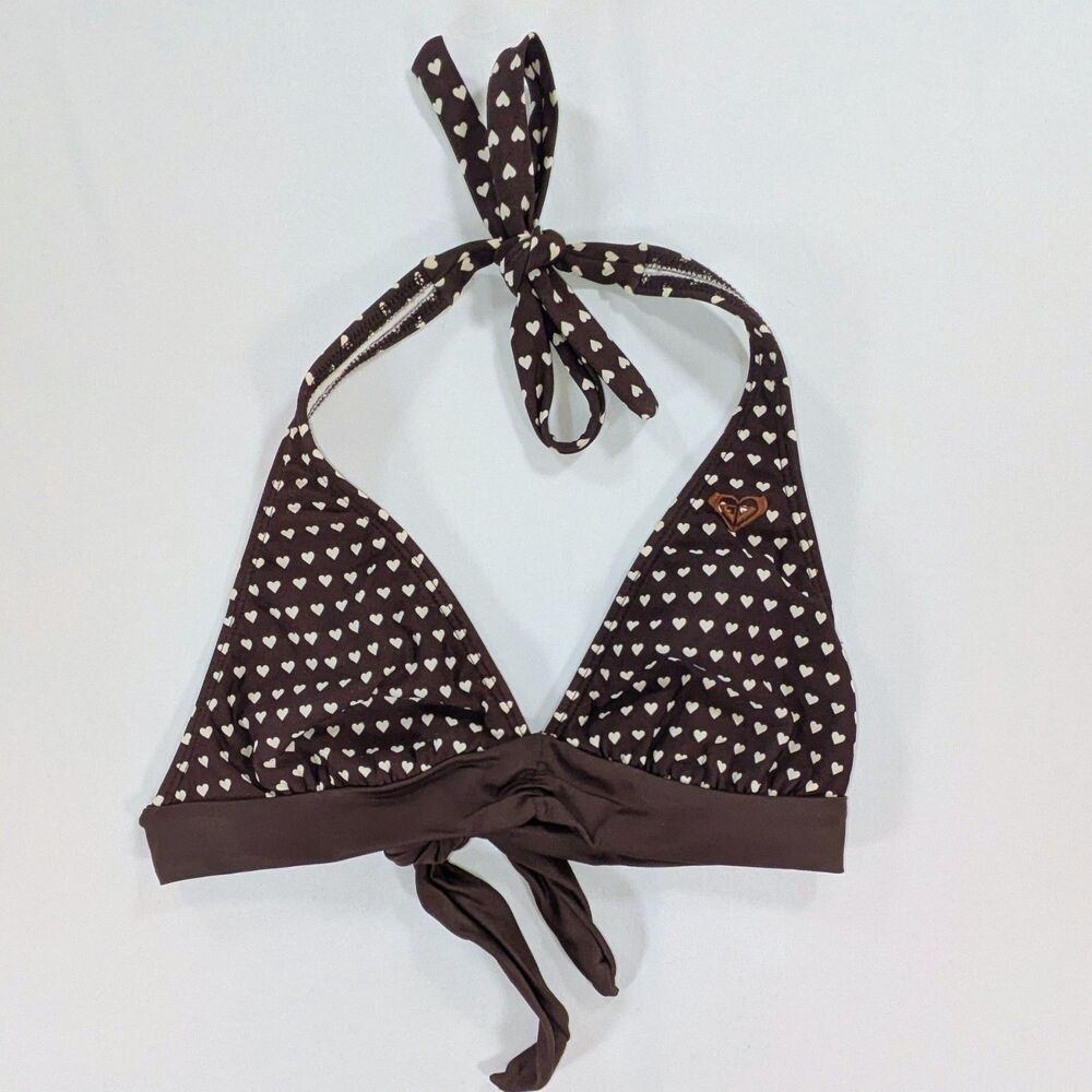 ROXY LOGO brown mini hearts triangle halter bikini top size medium coquette